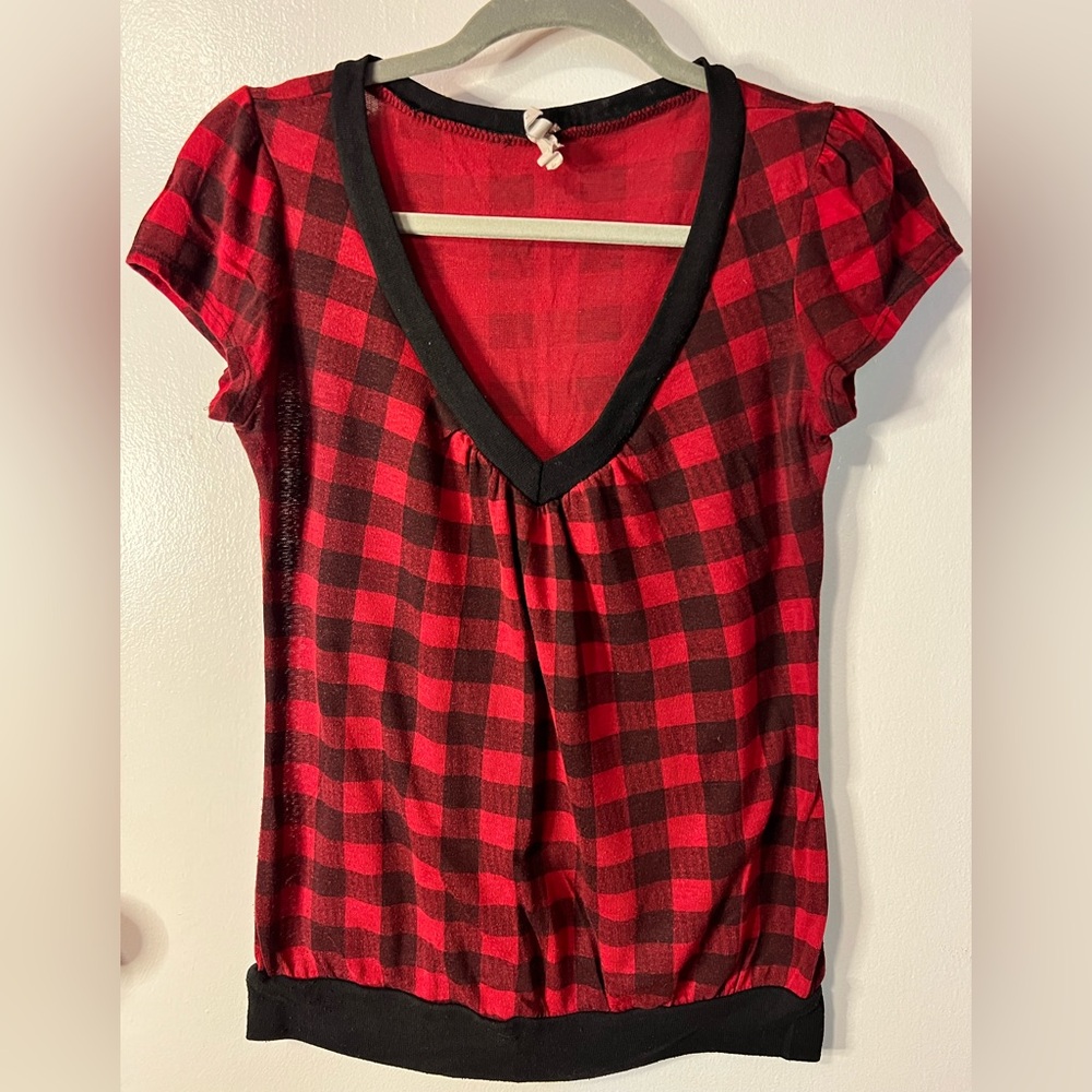 Buffalo Plaid Cap Sleeve V-Neck Blouse